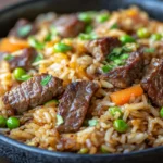 "Steak fried rice with tender beef, vegetables, and jasmine rice in a skillet, garnished with green onions"