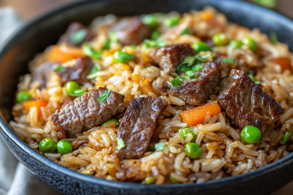 "Steak fried rice with tender beef, vegetables, and jasmine rice in a skillet, garnished with green onions"