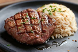 "Healthy steak with cauliflower rice and vegetables for a low-carb meal option"

