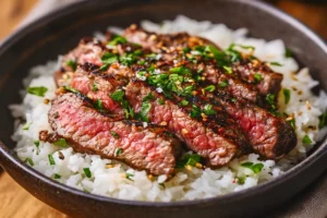"Healthy steak with cauliflower rice and vegetables for a low-carb meal option"

