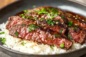 "Healthy steak with cauliflower rice and vegetables for a low-carb meal option"

