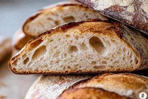 Freshly baked sourdough bread loaf with a crispy crust, showcasing the texture and health benefits of fermented bread.