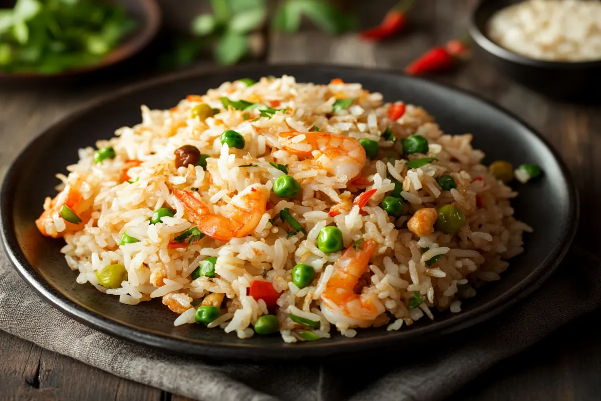 Restaurant-style Chinese fried rice in a wok, featuring fluffy rice, colorful vegetables, and savory seasonings like soy sauce and sesame oil.