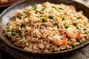 Restaurant-style Chinese fried rice in a wok, featuring fluffy rice, colorful vegetables, and savory seasonings like soy sauce and sesame oil. 