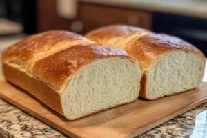 Light and airy sourdough sandwich bread with an open crumb on a wooden cutting board