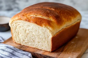 Light and airy sourdough sandwich bread with an open crumb on a wooden cutting board