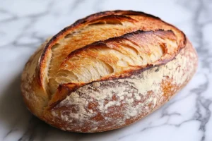 A loaf of freshly baked sourdough sandwich bread with a scored top, resting on a wooden cutting board. 