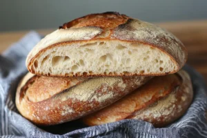 A loaf of freshly baked sourdough sandwich bread with a scored top, resting on a wooden cutting board. 