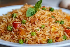 A close-up of golden, crispy fried rice in a wok with vegetables and protein, highlighting the perfect texture. 