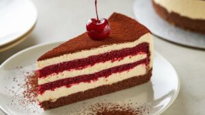 "Decadent red velvet cheesecake with creamy cheesecake filling and vibrant red velvet cake layers"

