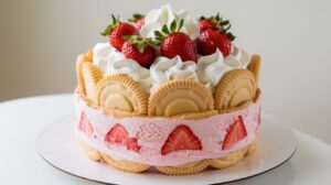 "Decorative strawberry shortcake ice cream cake with edible flowers and mint leaves."
