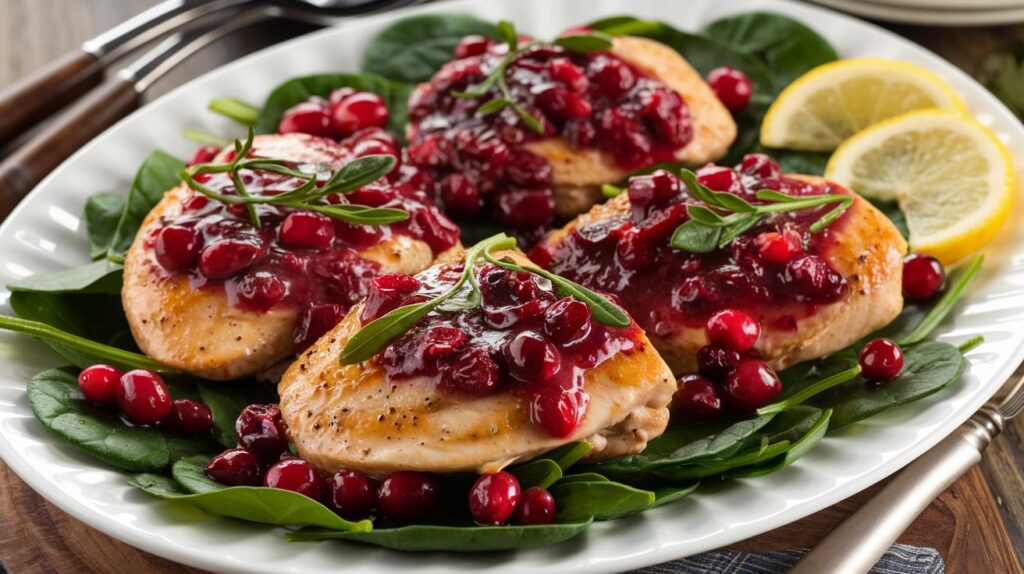 Plate of Cranberry Spinach Chicken Delight with fresh spinach, cranberries, and tender chicken breast, garnished with herbs.