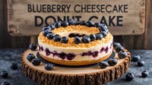 Blueberry Cheesecake Donut Cake with fresh blueberries and creamy cheesecake filling on top of a fluffy donut cake base. 