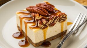 Pecan Pie Cheesecake Delight with caramelized pecan topping and creamy cheesecake layer 