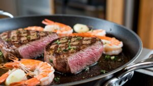 Sizzling garlic glazed steak and shrimp plated with fresh herbs and a garlic glaze drizzle