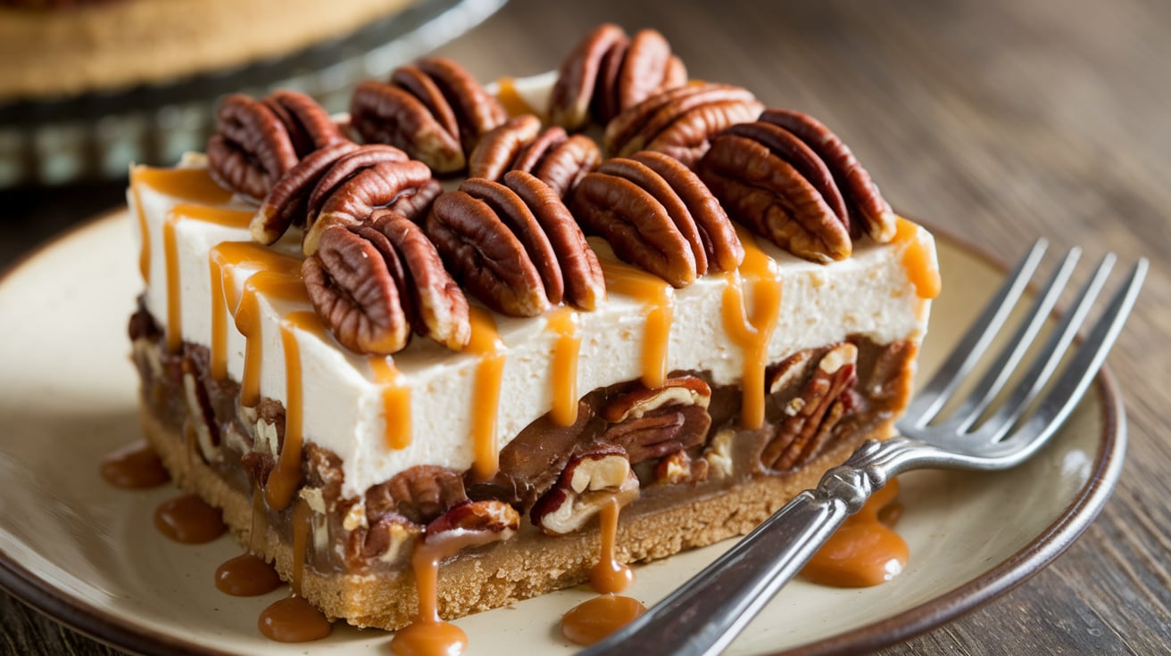 Pecan Pie Cheesecake Delight with caramelized pecan topping and creamy cheesecake layer