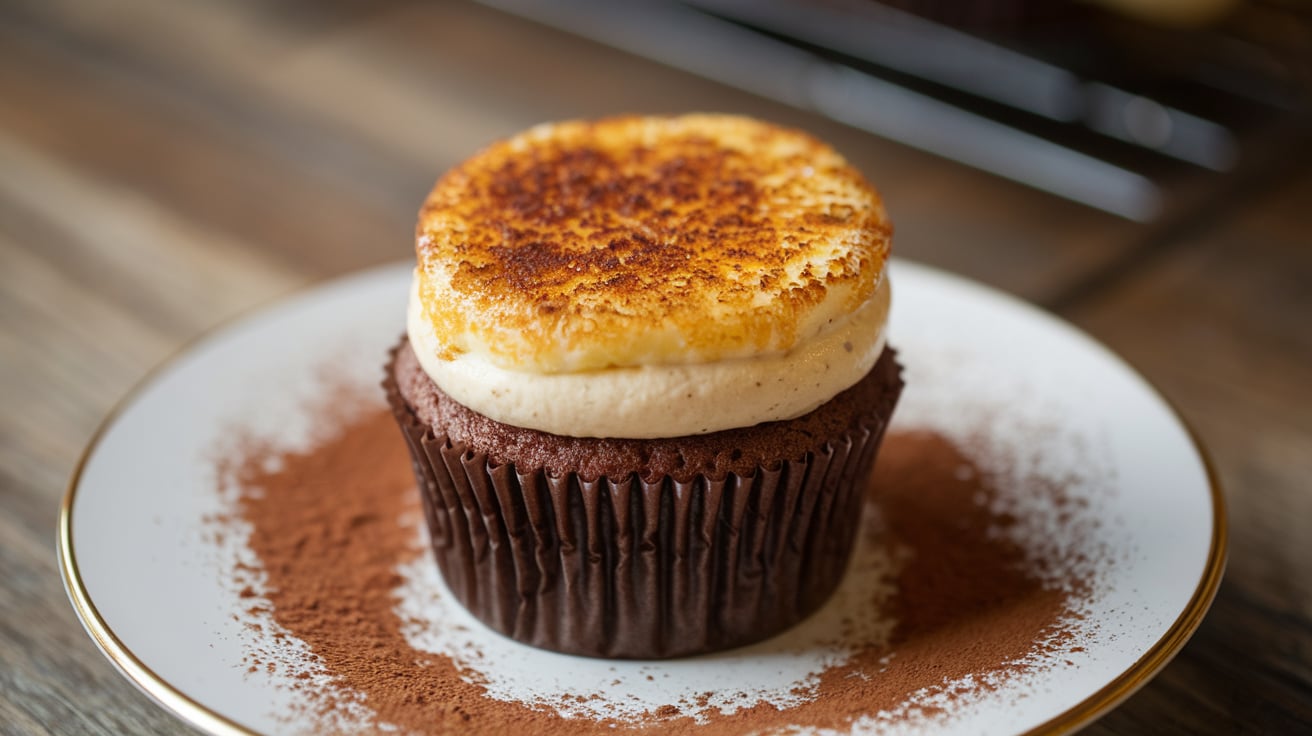 Close-up of Vanilla Bean Crème Brûlée Cheesecake Cupcakes with a caramelized sugar topping, served on a dessert plate with berries.