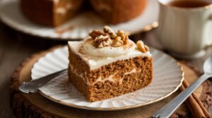 Spiced carrot cake topped with creamy cream cheese frosting, garnished with walnuts, and served on a plate.