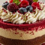 "Decadent red velvet cheesecake with creamy cheesecake filling and vibrant red velvet cake layers"