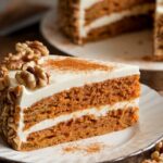 Spiced carrot cake topped with creamy cream cheese frosting, garnished with walnuts, and served on a plate.