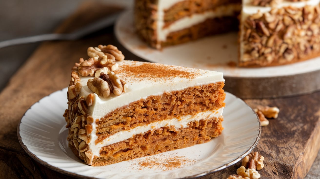 Spiced carrot cake topped with creamy cream cheese frosting, garnished with walnuts, and served on a plate.