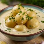 Creamy garlic sauce baby potatoes served as a side dish with fresh parsley garnish.