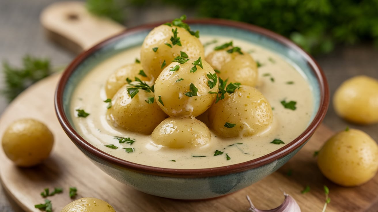 Creamy garlic sauce baby potatoes served as a side dish with fresh parsley garnish.