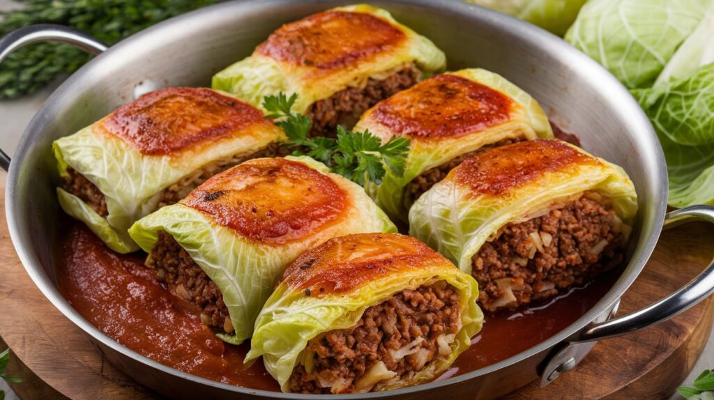 Savory stuffed cabbage rolls with a delicious filling of meat and rice, served with pickled vegetables and mashed potatoes on the side