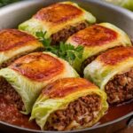 Savory stuffed cabbage rolls with a delicious filling of meat and rice, served with pickled vegetables and mashed potatoes on the side