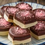 "Homemade peppermint patties coated in smooth chocolate on a wooden plate"