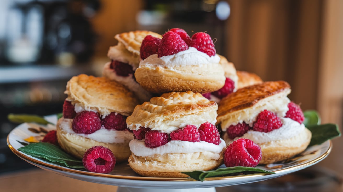 Freshly baked Raspberry Cream Cheese Puffs on a white platter.