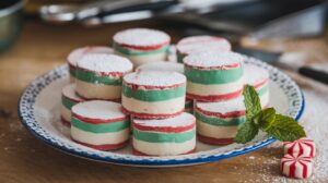 "Homemade peppermint patties coated in smooth chocolate on a wooden plate"
