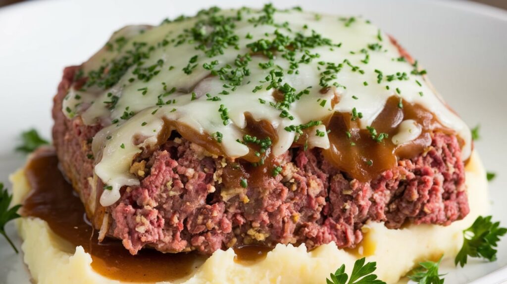 Crockpot French Onion Meatloaf with Melted Swiss Cheese served on a plate