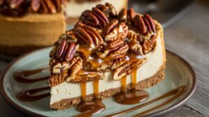 Pecan Pie Cheesecake Delight with caramelized pecan topping and creamy cheesecake layer 