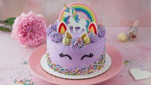 Magical Unicorn Purple Velvet Cake with vibrant frosting and unicorn-themed decorations

