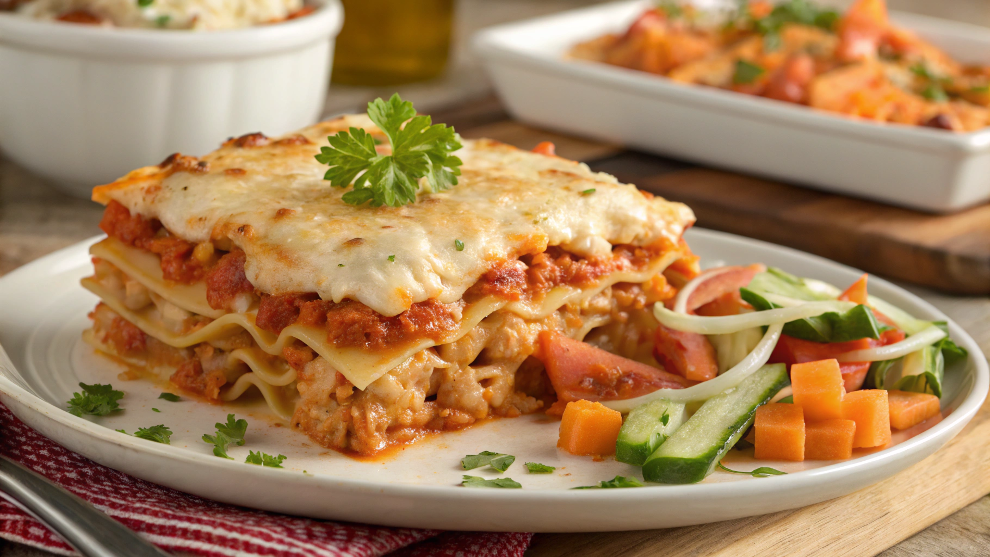 Buffalo Chicken Lasagna Delight served on a plate with melted cheese and spicy buffalo sauce.