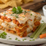 Buffalo Chicken Lasagna Delight served on a plate with melted cheese and spicy buffalo sauce.