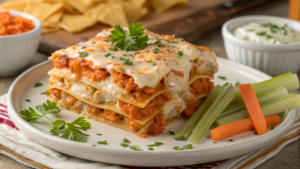 Buffalo Chicken Lasagna Delight served on a plate with melted cheese and spicy buffalo sauce.