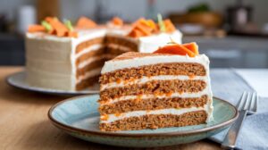 Spiced carrot cake topped with creamy cream cheese frosting, garnished with walnuts, and served on a plate.