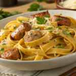 Creamy Alfredo pasta with salmon and shrimp garnished with parsley on a plate.