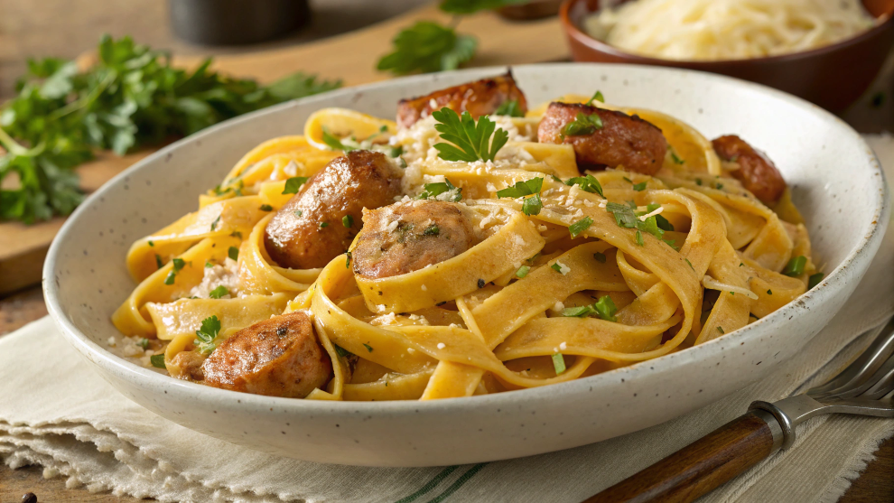 Creamy Alfredo pasta with salmon and shrimp garnished with parsley on a plate.