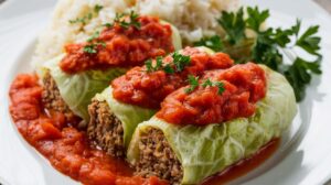 Savory stuffed cabbage rolls with a delicious filling of meat and rice, served with pickled vegetables and mashed potatoes on the side