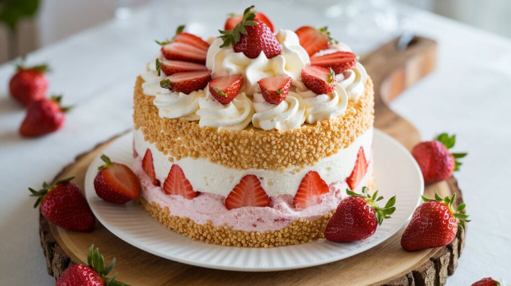 "Decorative strawberry shortcake ice cream cake with edible flowers and mint leaves."