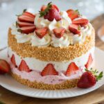 "Decorative strawberry shortcake ice cream cake with edible flowers and mint leaves."