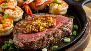 Sizzling garlic glazed steak and shrimp plated with fresh herbs and a garlic glaze drizzle