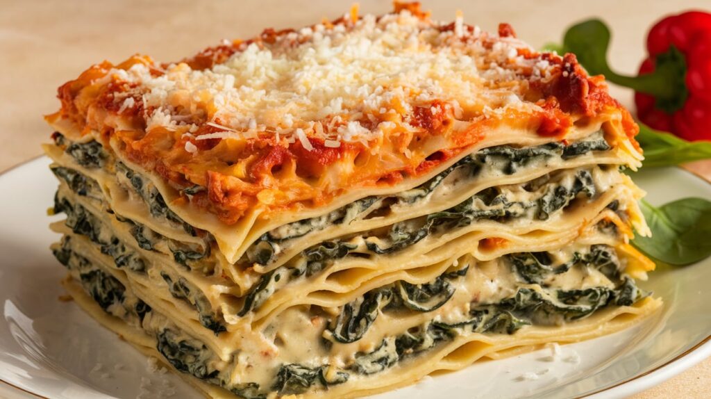 A serving of creamy spinach mushroom lasagna with layers of spinach, mushrooms, and creamy white sauce topped with melted cheese.