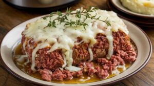 Crockpot French Onion Meatloaf with Melted Swiss Cheese served on a plate

