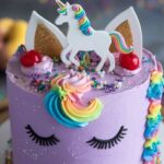 Magical Unicorn Purple Velvet Cake with vibrant frosting and unicorn-themed decorations