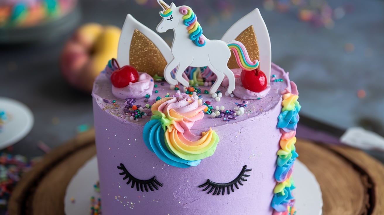 Magical Unicorn Purple Velvet Cake with vibrant frosting and unicorn-themed decorations