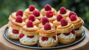 Freshly baked Raspberry Cream Cheese Puffs on a white platter. 